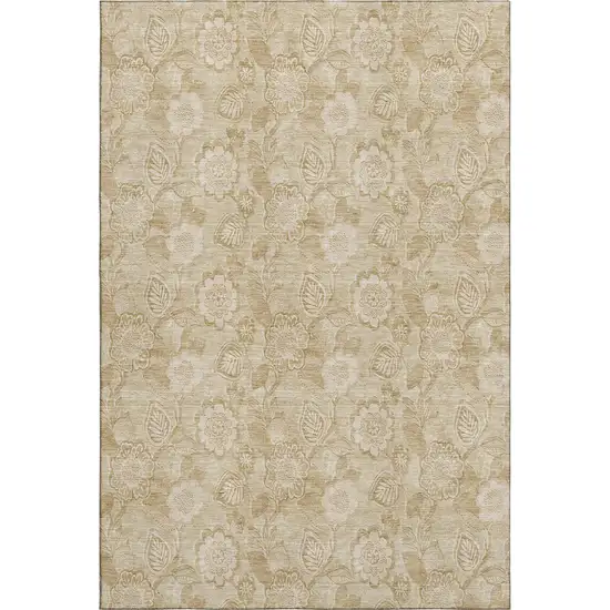 Beige And Tan Floral Washable Area Rug With UV Protection Photo 1