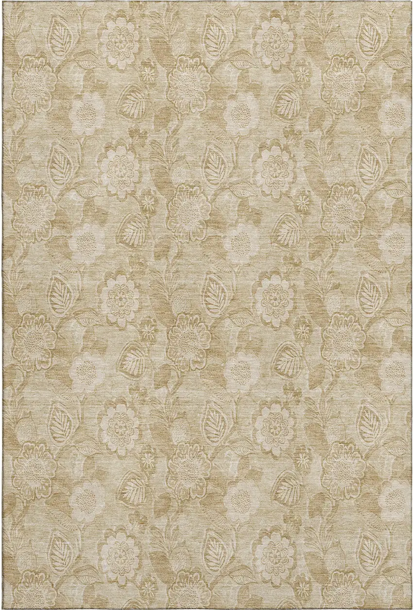Beige And Tan Floral Washable Area Rug With UV Protection Photo 1