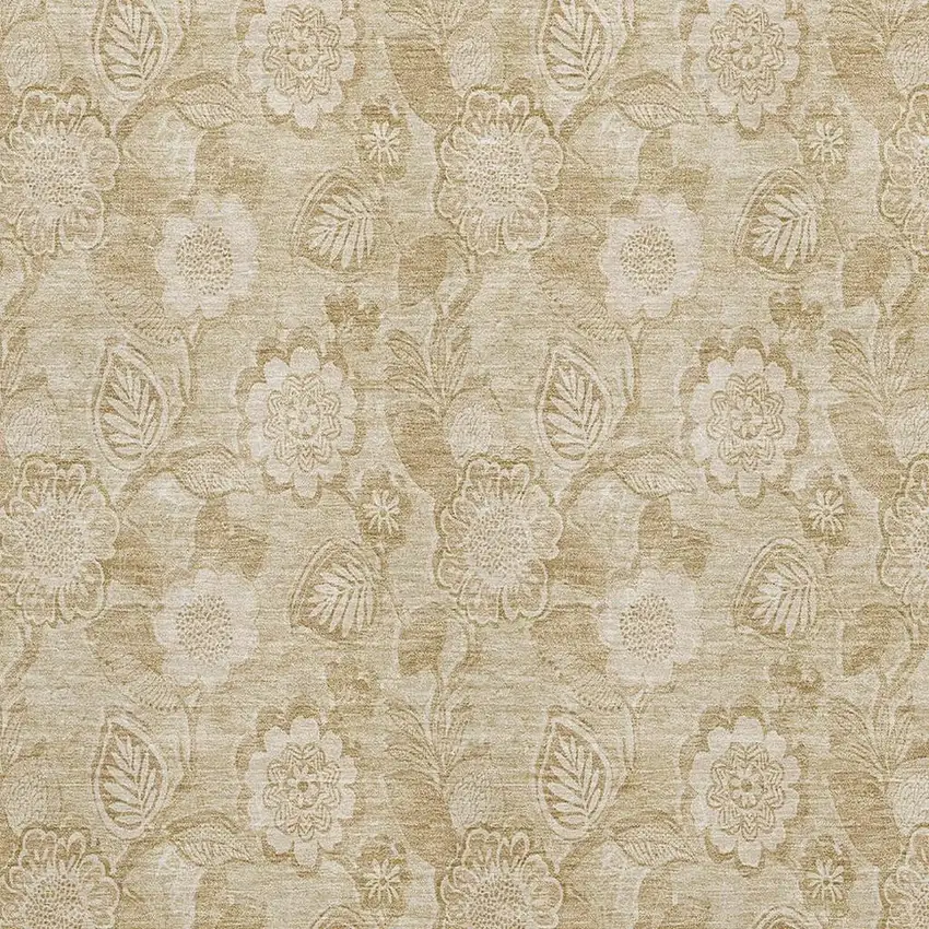 Beige And Tan Floral Washable Area Rug With UV Protection Photo 3