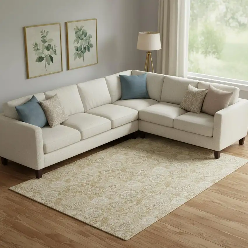 Beige And Tan Floral Washable Area Rug With UV Protection Photo 2