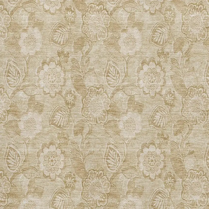 Beige And Tan Floral Washable Area Rug With UV Protection Photo 3