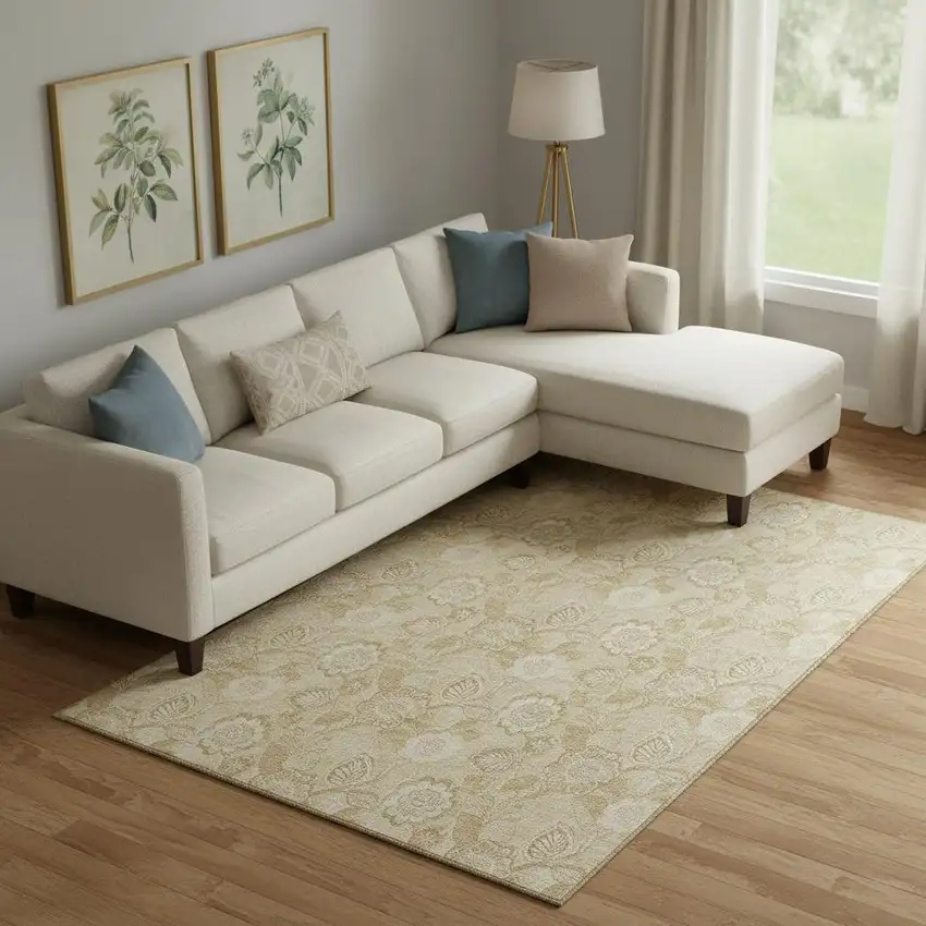 Beige And Tan Floral Washable Area Rug With UV Protection Photo 2