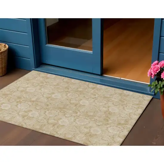 Beige And Tan Floral Washable Indoor Outdoor Area Rug Photo 2