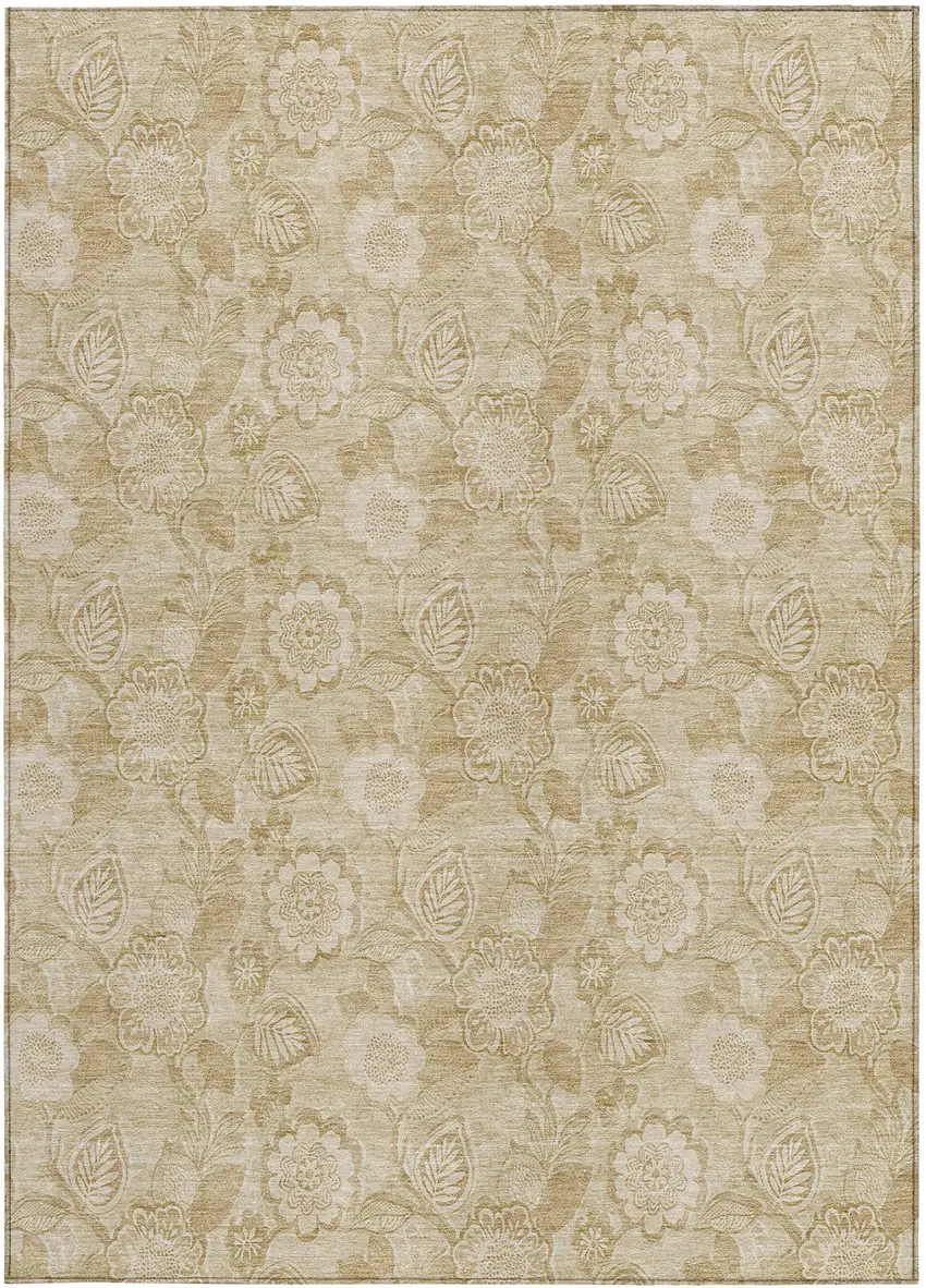 Beige And Tan Floral Washable Indoor Outdoor Area Rug Photo 4