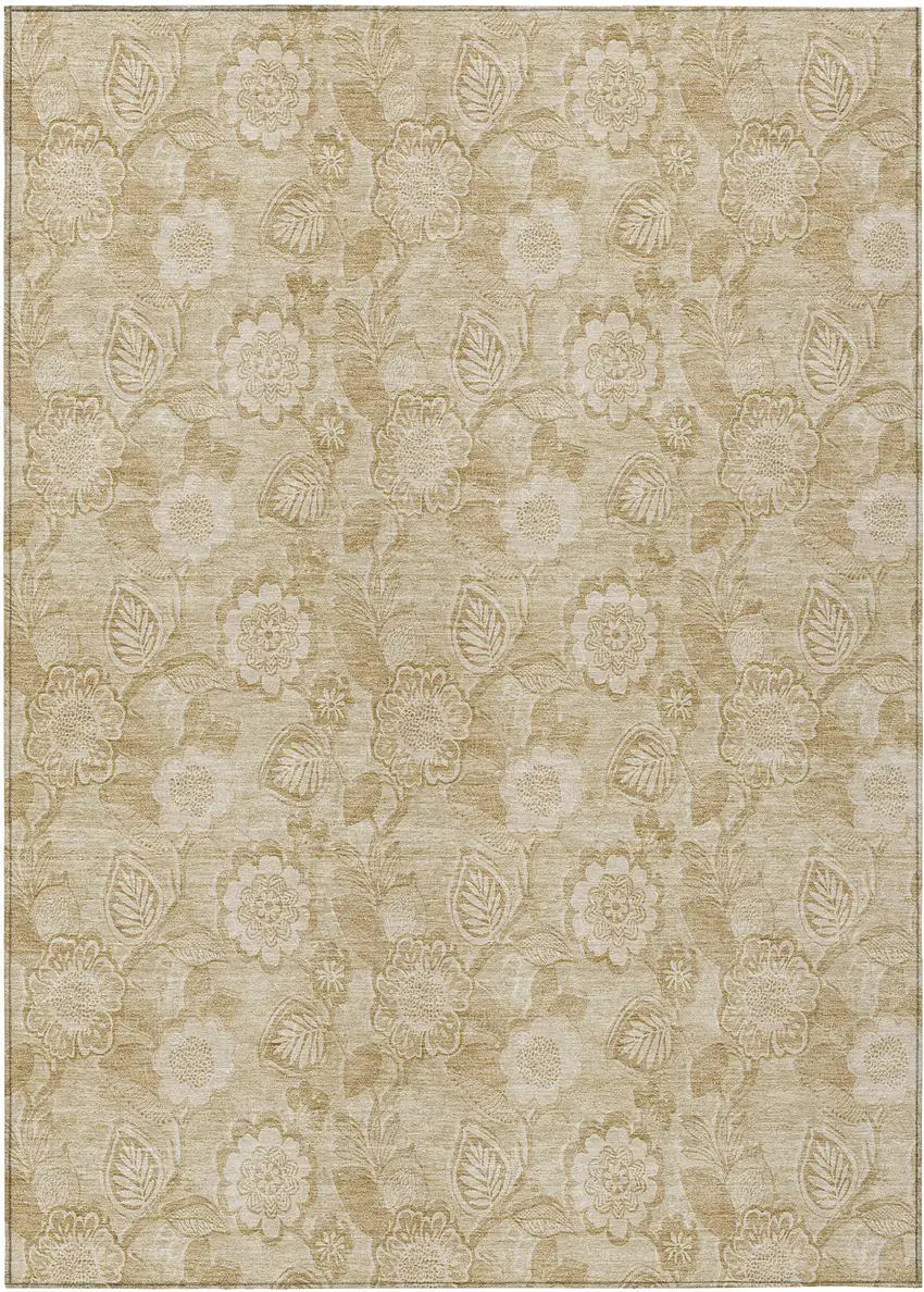 Beige And Tan Floral Washable Indoor Outdoor Area Rug Photo 1