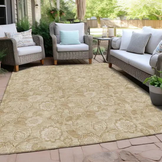 Beige And Tan Floral Washable Indoor Outdoor Area Rug Photo 6