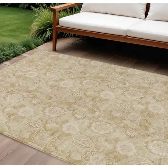 Beige And Tan Floral Washable Indoor Outdoor Area Rug Photo 2