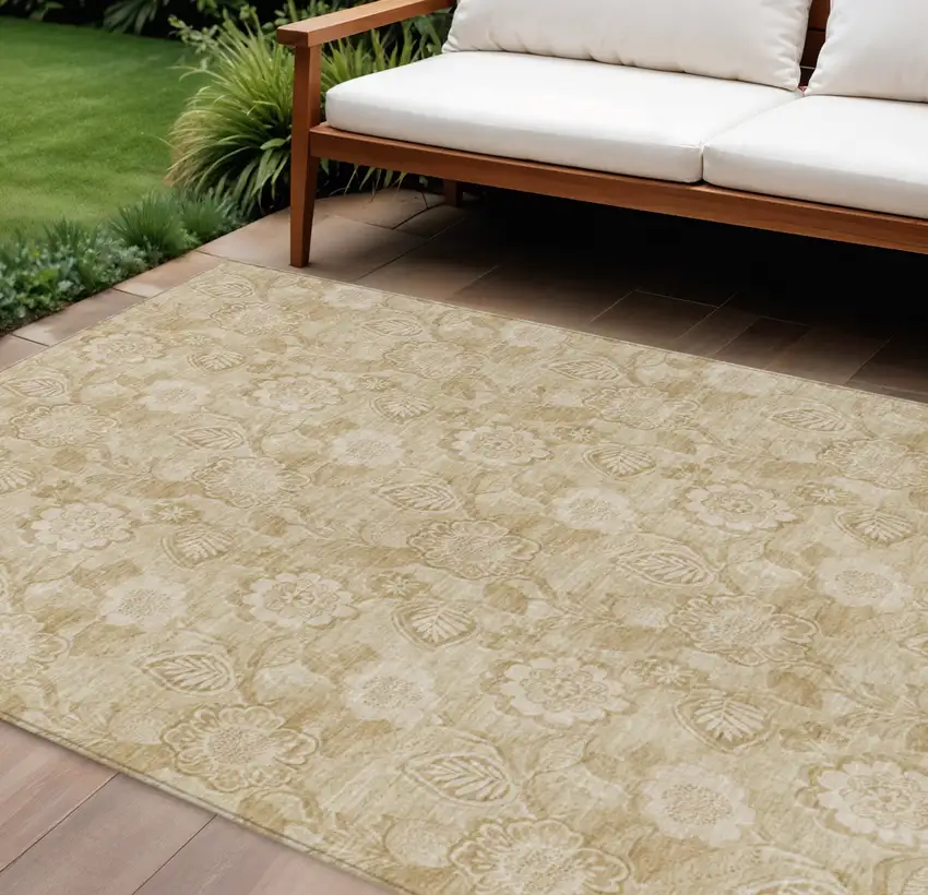 Beige And Tan Floral Washable Indoor Outdoor Area Rug Photo 2