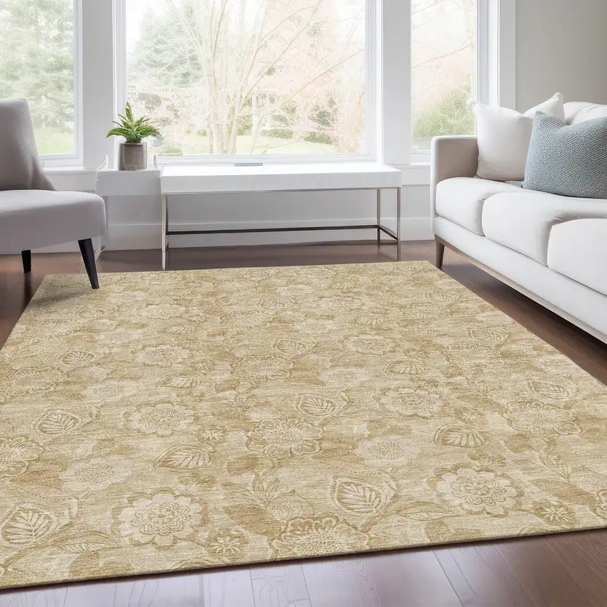 Beige And Tan Floral Washable Indoor Outdoor Area Rug Photo 8