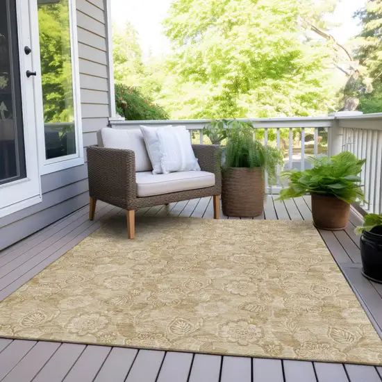 Beige And Tan Floral Washable Indoor Outdoor Area Rug Photo 9