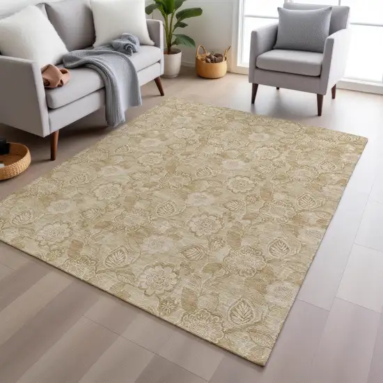 Beige And Tan Floral Washable Indoor Outdoor Area Rug Photo 7