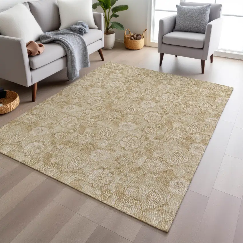Beige And Tan Floral Washable Indoor Outdoor Area Rug Photo 7
