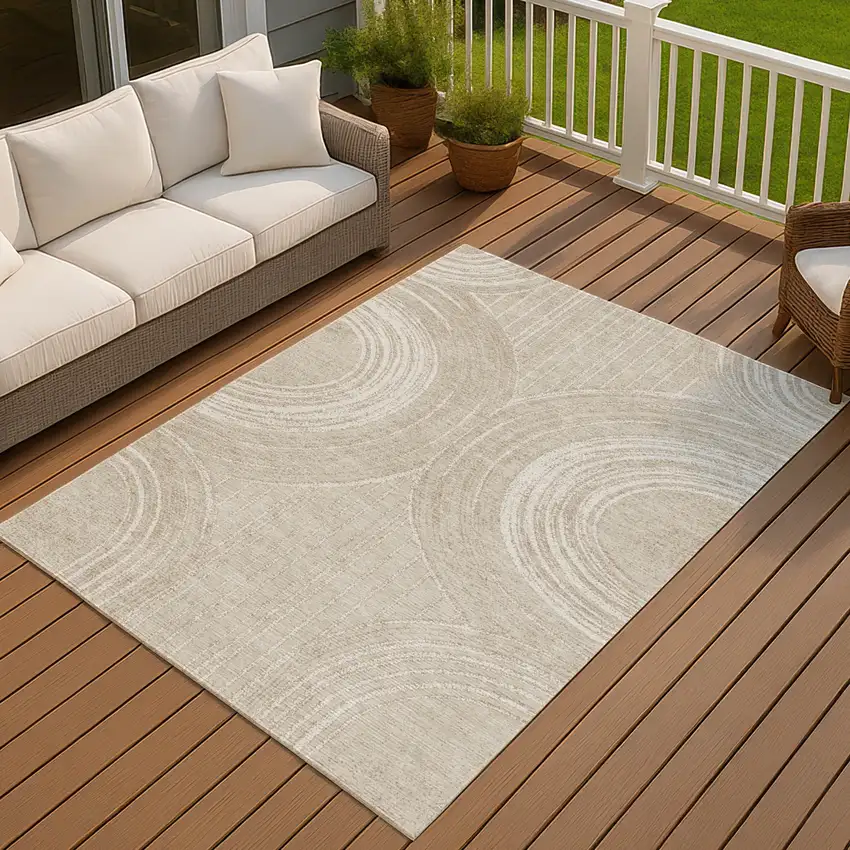 Beige And Tan Geometric Washable Indoor Outdoor Area Rug Photo 3