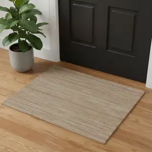 Photo of Beige And Tan Jute Striped Hand Woven Square Rug