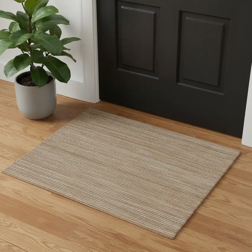 Beige And Tan Jute Striped Hand Woven Square Rug Photo 1