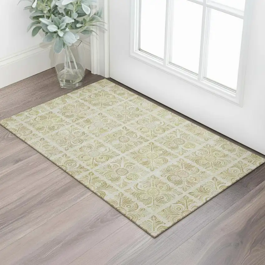 Beige And Tan Medallion Washable Area Rug With UV Protection Photo 1