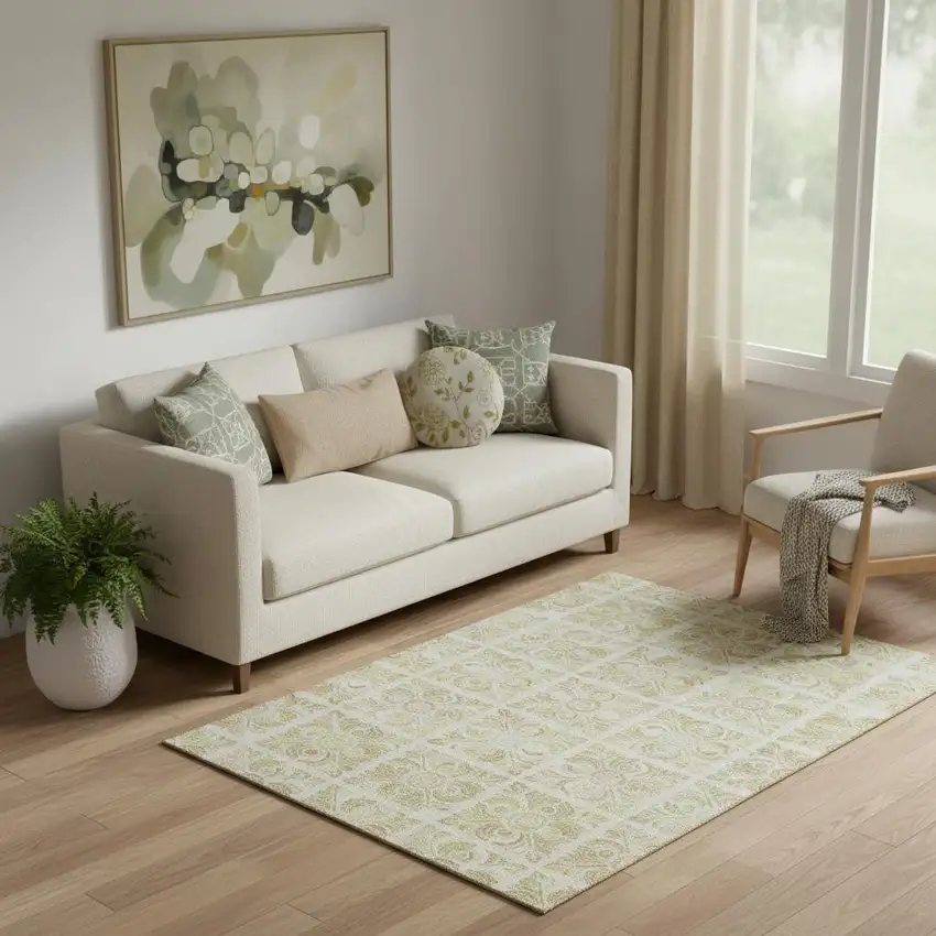 Beige And Tan Medallion Washable Area Rug With UV Protection Photo 1