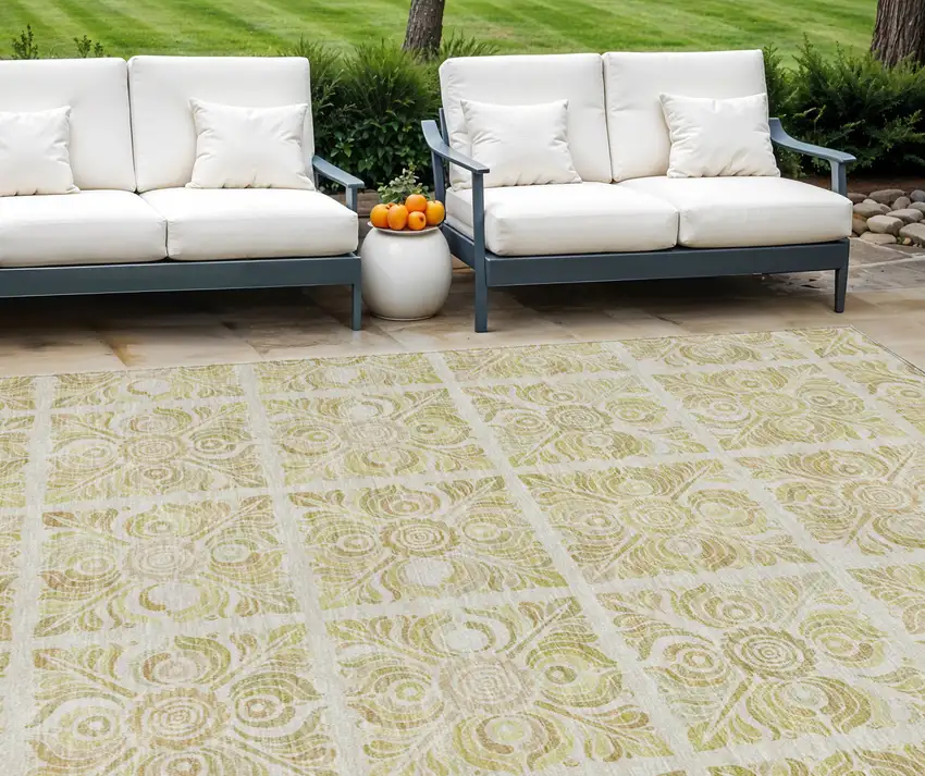 Beige And Tan Medallion Washable Indoor Outdoor Area Rug Photo 1
