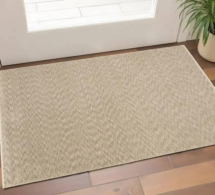 Beige And Tan Striped Area Rug With Fringe Photo 1