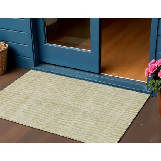 Beige And Tan Striped Washable Indoor Outdoor Area Rug Photo 1