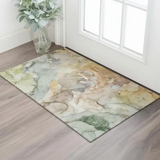 Beige And Taupe Abstract Washable Area Rug With UV Protection Photo 1