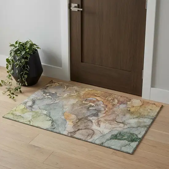Beige And Taupe Abstract Washable Area Rug With UV Protection Photo 1