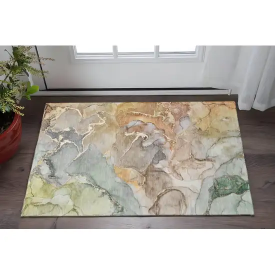 Beige And Taupe Abstract Washable Area Rug With UV Protection Photo 2