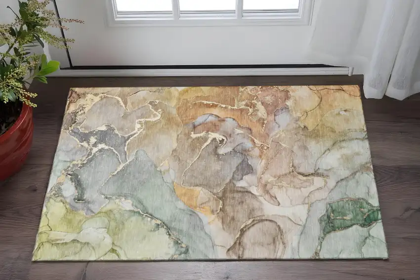 Beige And Taupe Abstract Washable Area Rug With UV Protection Photo 2