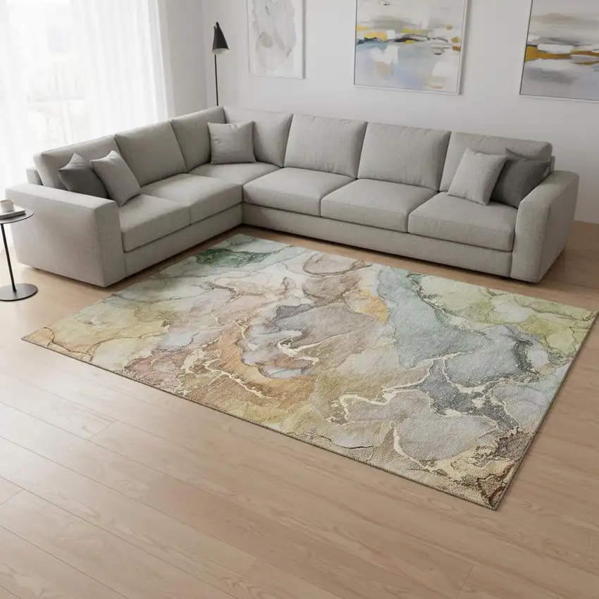 Beige And Taupe Abstract Washable Area Rug With UV Protection Photo 1