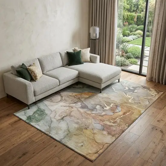 Beige And Taupe Abstract Washable Area Rug With UV Protection Photo 1