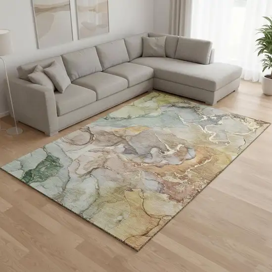 Beige And Taupe Abstract Washable Area Rug With UV Protection Photo 1