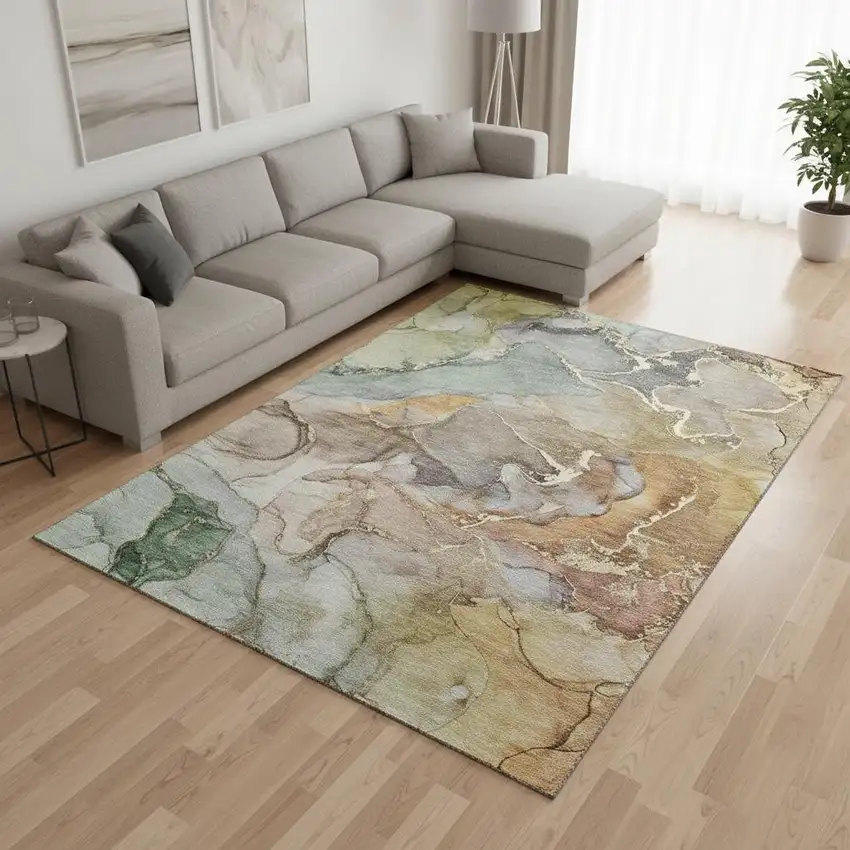 Beige And Taupe Abstract Washable Area Rug With UV Protection Photo 1