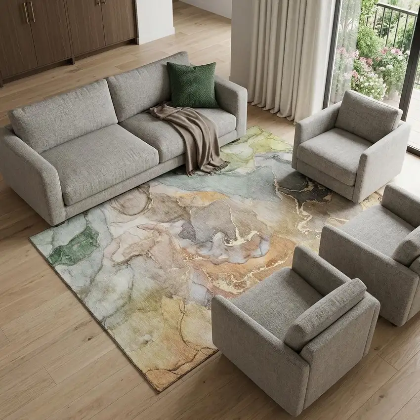 Beige And Taupe Abstract Washable Area Rug With UV Protection Photo 1