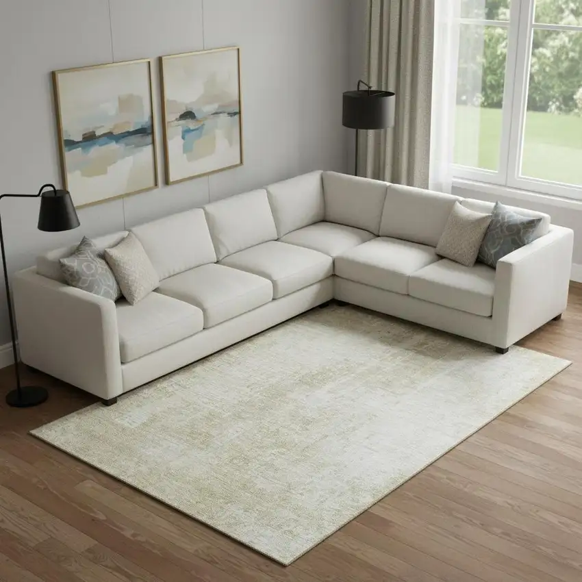 Beige And Taupe Abstract Washable Area Rug With UV Protection Photo 1