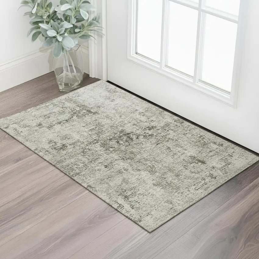 Beige And Taupe Abstract Washable Area Rug With UV Protection Photo 2