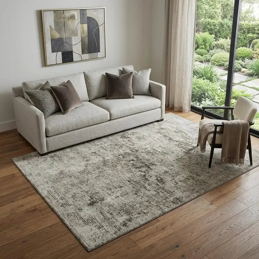 Beige And Taupe Abstract Washable Area Rug With UV Protection Photo 1