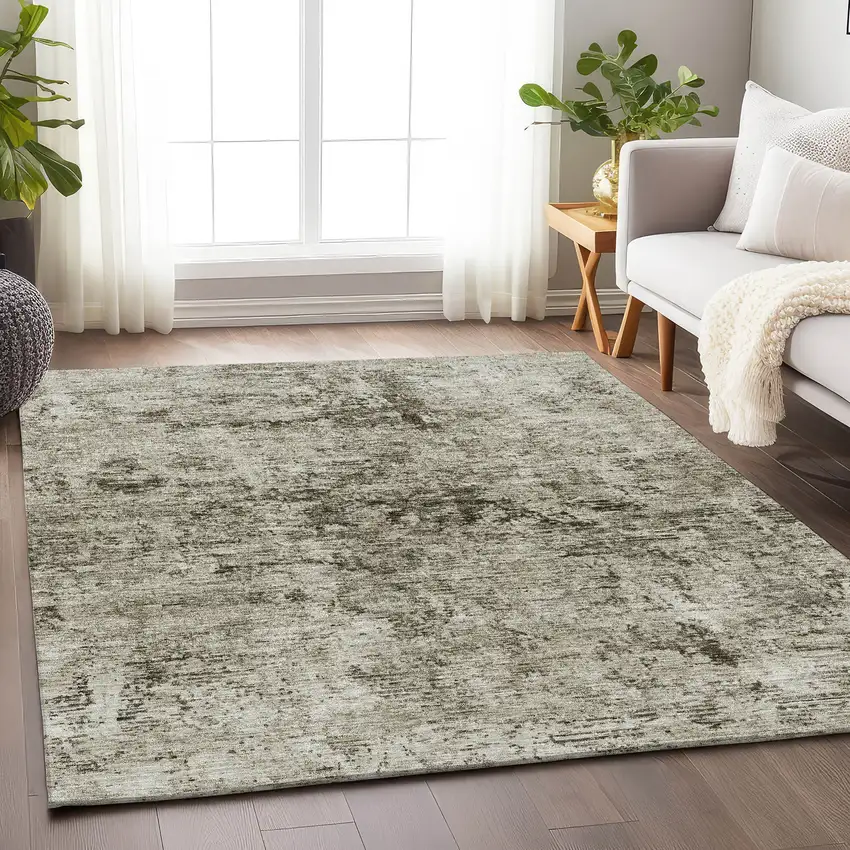 Beige And Taupe Abstract Washable Area Rug With UV Protection Photo 4