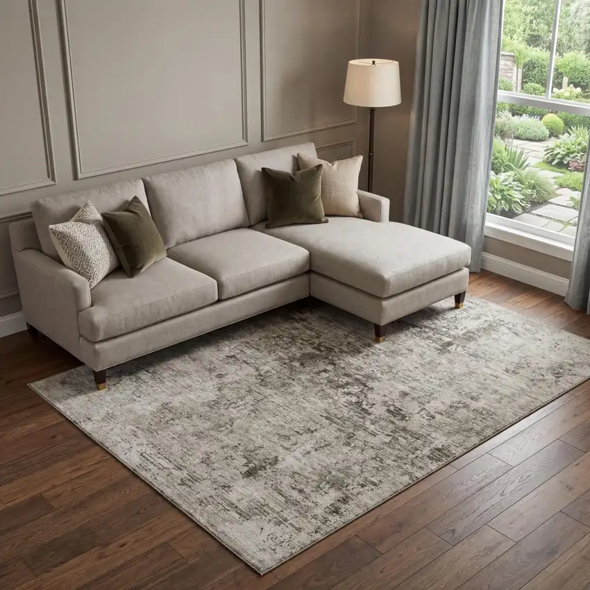 Beige And Taupe Abstract Washable Area Rug With UV Protection Photo 1