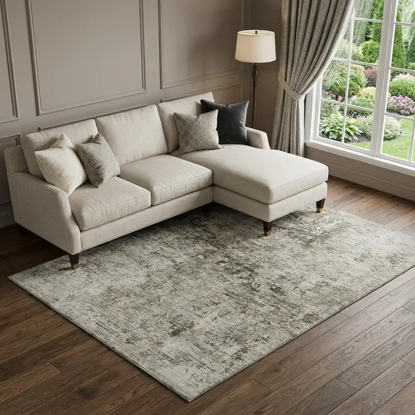 Beige And Taupe Abstract Washable Area Rug With UV Protection Photo 1