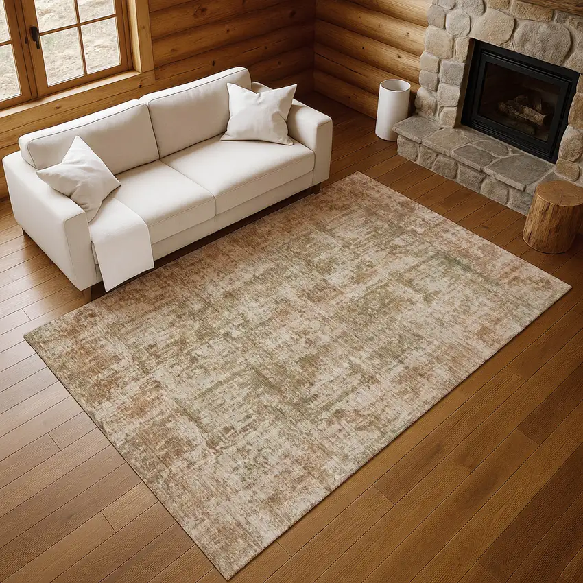 Beige And Taupe Abstract Washable Area Rug With UV Protection Photo 1