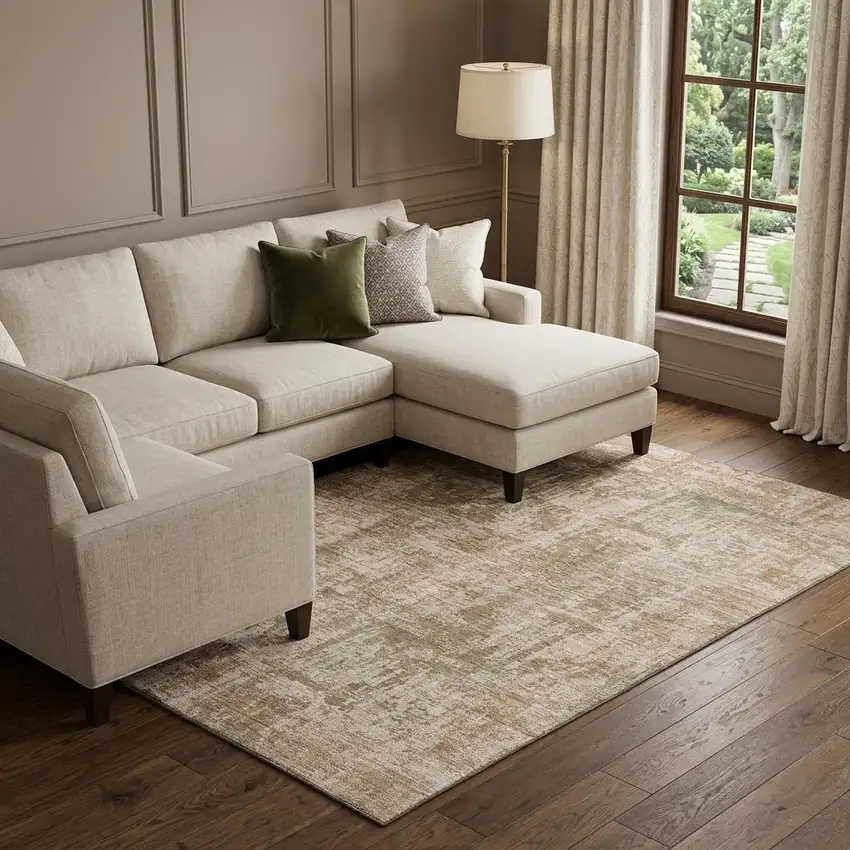 Beige And Taupe Abstract Washable Area Rug With UV Protection Photo 1
