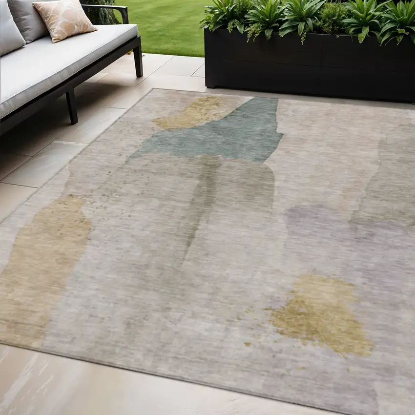 Beige And Taupe Abstract Washable Indoor Outdoor Area Rug Photo 2