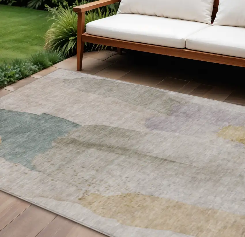 Beige And Taupe Abstract Washable Indoor Outdoor Area Rug Photo 2