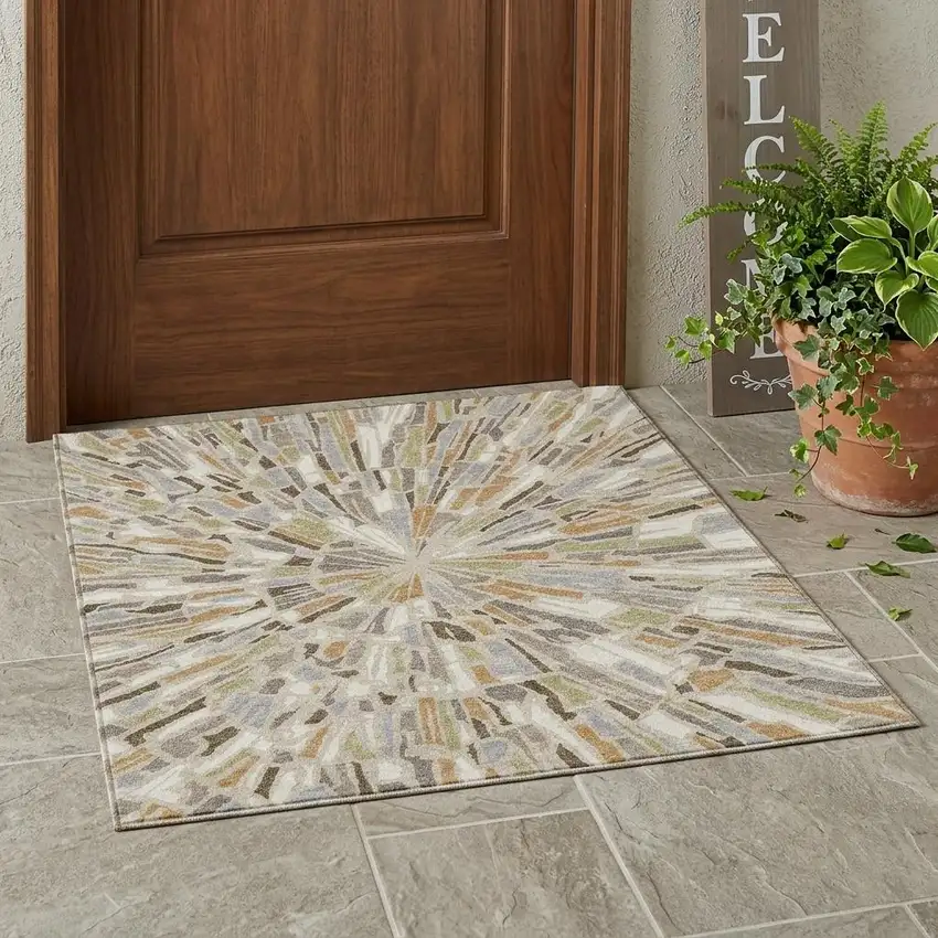 Beige And Taupe Abstract Washable Indoor Outdoor Area Rug Photo 1