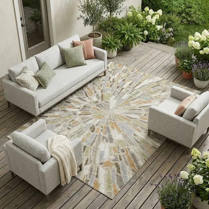 Beige And Taupe Abstract Washable Indoor Outdoor Area Rug Photo 1