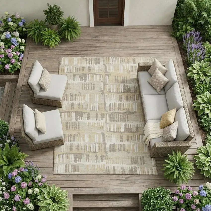 Beige And Taupe Abstract Washable Indoor Outdoor Area Rug Photo 1