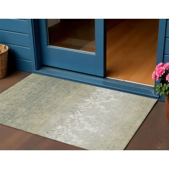 Beige And Taupe Damask Washable Indoor Outdoor Area Rug Photo 2