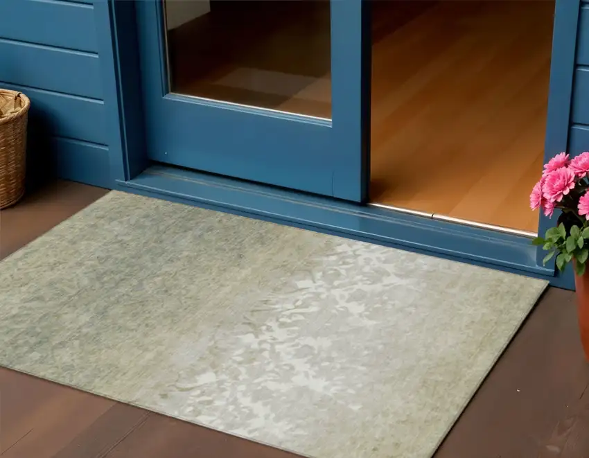 Beige And Taupe Damask Washable Indoor Outdoor Area Rug Photo 2