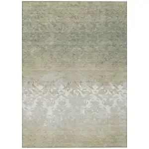 Photo of Beige And Taupe Damask Washable Indoor Outdoor Area Rug