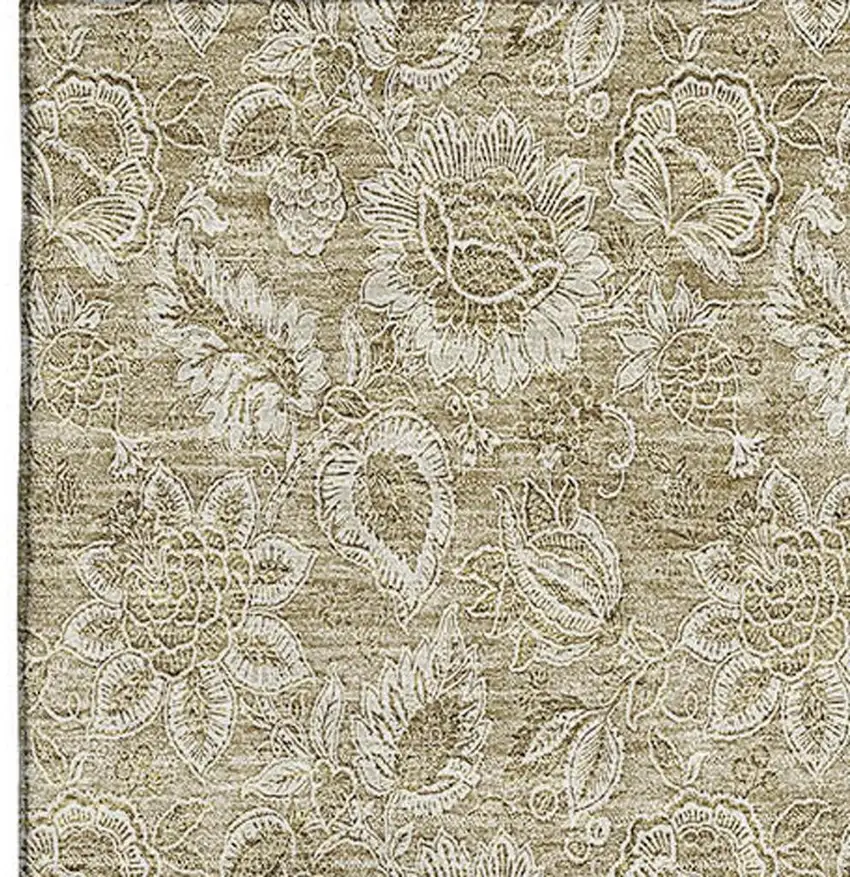 Beige And Taupe Floral Washable Area Rug With UV Protection Photo 2